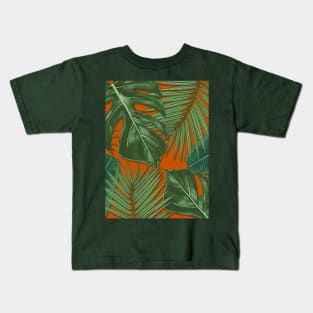 Monstera, Spider Palm, Tropical Leaves Print on Rust Burnt Orange Kids T-Shirt